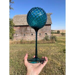 Vintage MCM Empoli Tall 14"  Turqoise Blue Glass Snifter Pedestal Vase Bowl